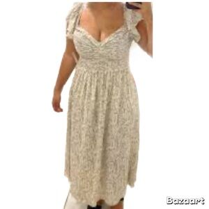 Sz XL Beige Smocked Midi Flutter Sundress Empire Waist Boho Madison Jules NWT